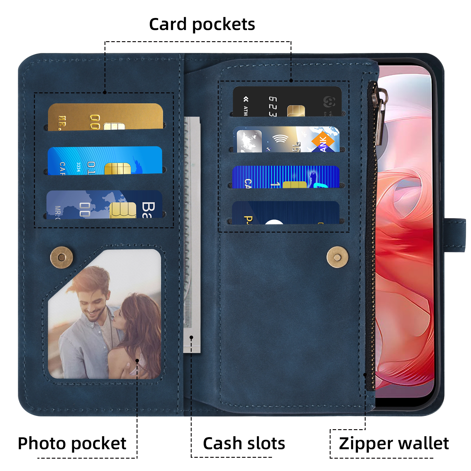 Asuwish Phone Case for Motorola Moto G Power 5G 2024 Wallet Cover With Tempered Glass Screen Protector Crossbody Wrist Strap Flip Pattern Zipper Credit Card Holder Stand Slot Cell G5 Women Men Blue