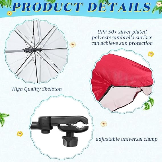 2 Pcs Automatic Chair Umbrella with Universal Clamp 44" UPF 50+ Portable Clamp on Beach Chair Adjustable Wheelchair Umbrella for Outdoor Patio Parasol