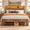 Rustic Brown, variant on bzbbzc Queen Bed Frame with Storage Headboard & Charging Station, Wood Platform Bed with RGB LED Lights, No Box Spring Needed, Antique White