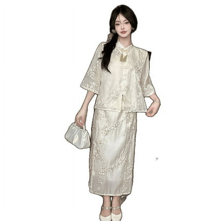 High -Level Wind Embroidered Half -Bodies Skirt Set Female Summer Small Plate Buckle Dress Fashion Set