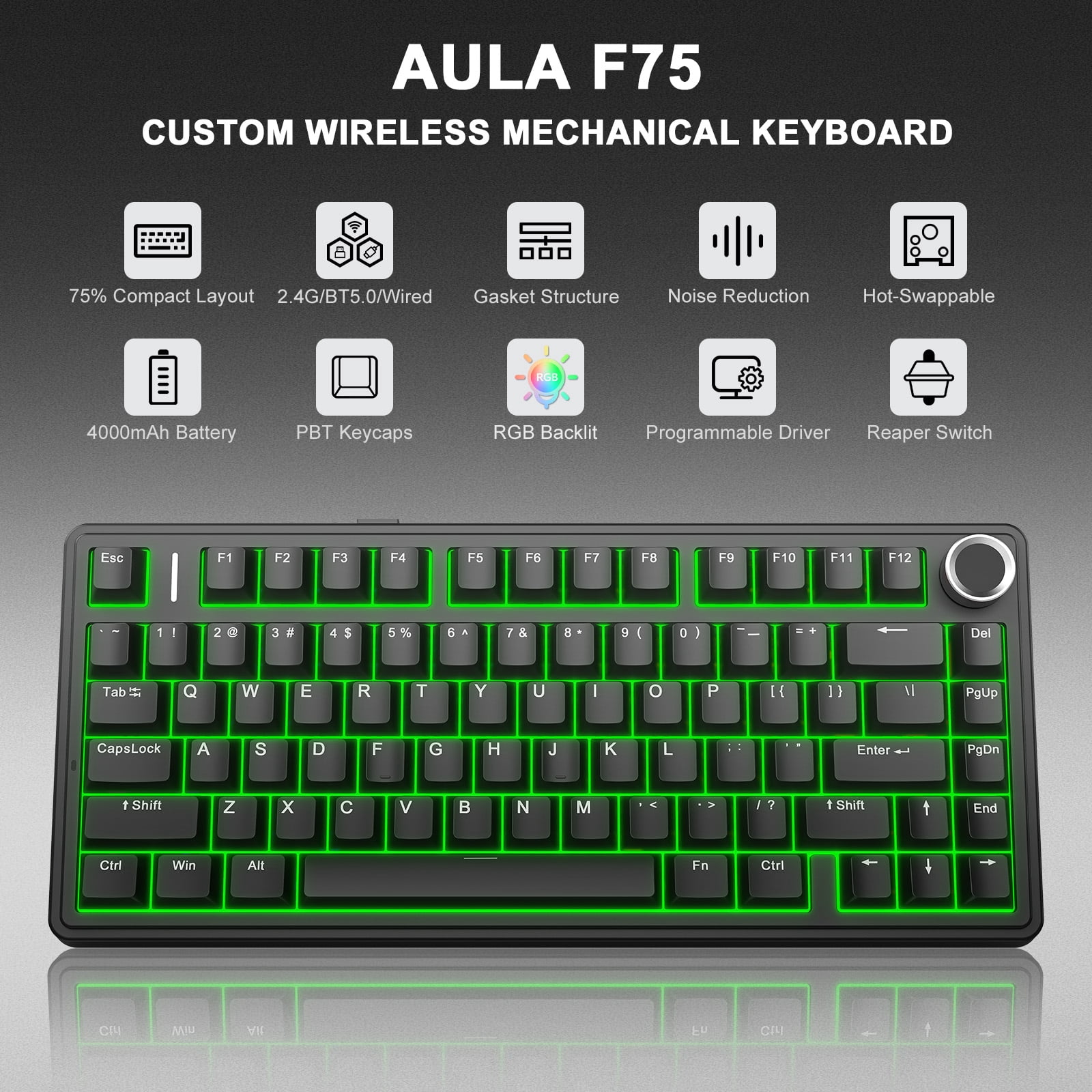 Aula F75-75 Wireless Mechanical Keyboard, Hot Swappable Custom Gaming Keyboard with Knob, BT5.0/2.4GHz/USB-C, RGB Backlit, Pre-lubed Reaper Switches, Double Shot PBT Keycaps