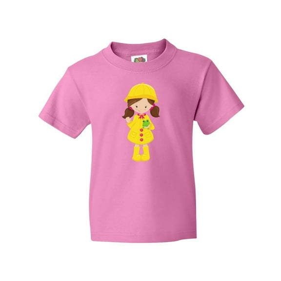 Inktastic Girl With Brown Hair, Yellow Raincoat, Frog Youth T-Shirt