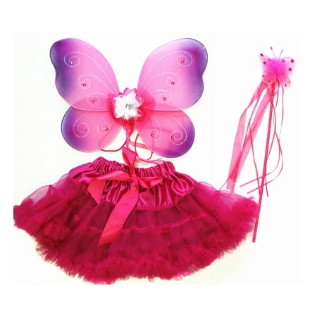 Mozlly Mozlly Fuchsia Flower Glittery Butterfly Fairy Tutu Costume - Includes Wings, Tutu, and Wand - Pretend Play Dress Up Outfit For Girls Adorable Fantasy Party Costume Wing size: 17 x 15 (3pc Set)