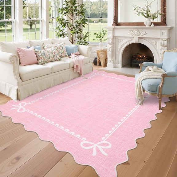 Nanan 8'x10' Bow Border Area Rugs for Living Room Bedroom, Machine Washable Scalloped Rug, Non Slip Non Shedding Rug Home Decor Carpet, Pink