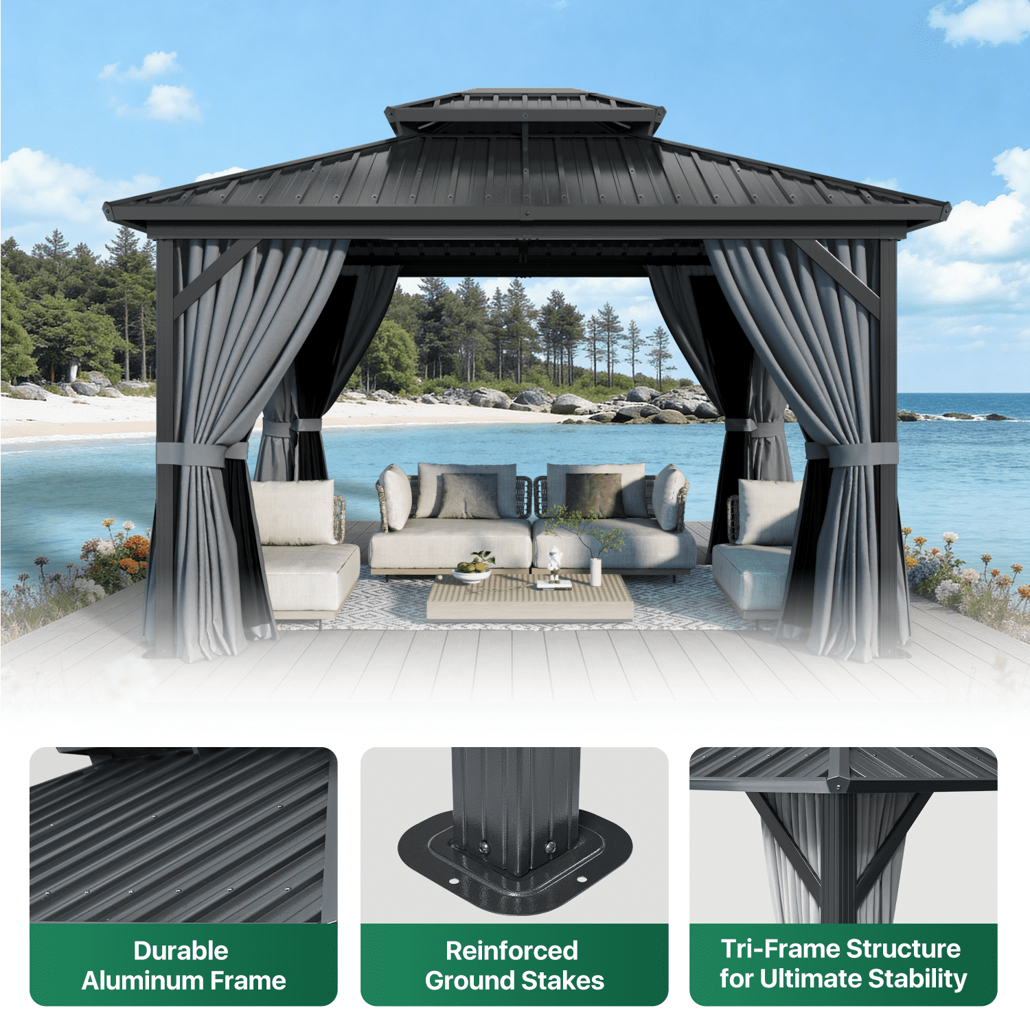 LazySunsets 12' X 10' Hardtop Gazebo with Double Roof Outdoor Gazebos for Patio Lawn and Garden Included Netting and Curtains, Gray