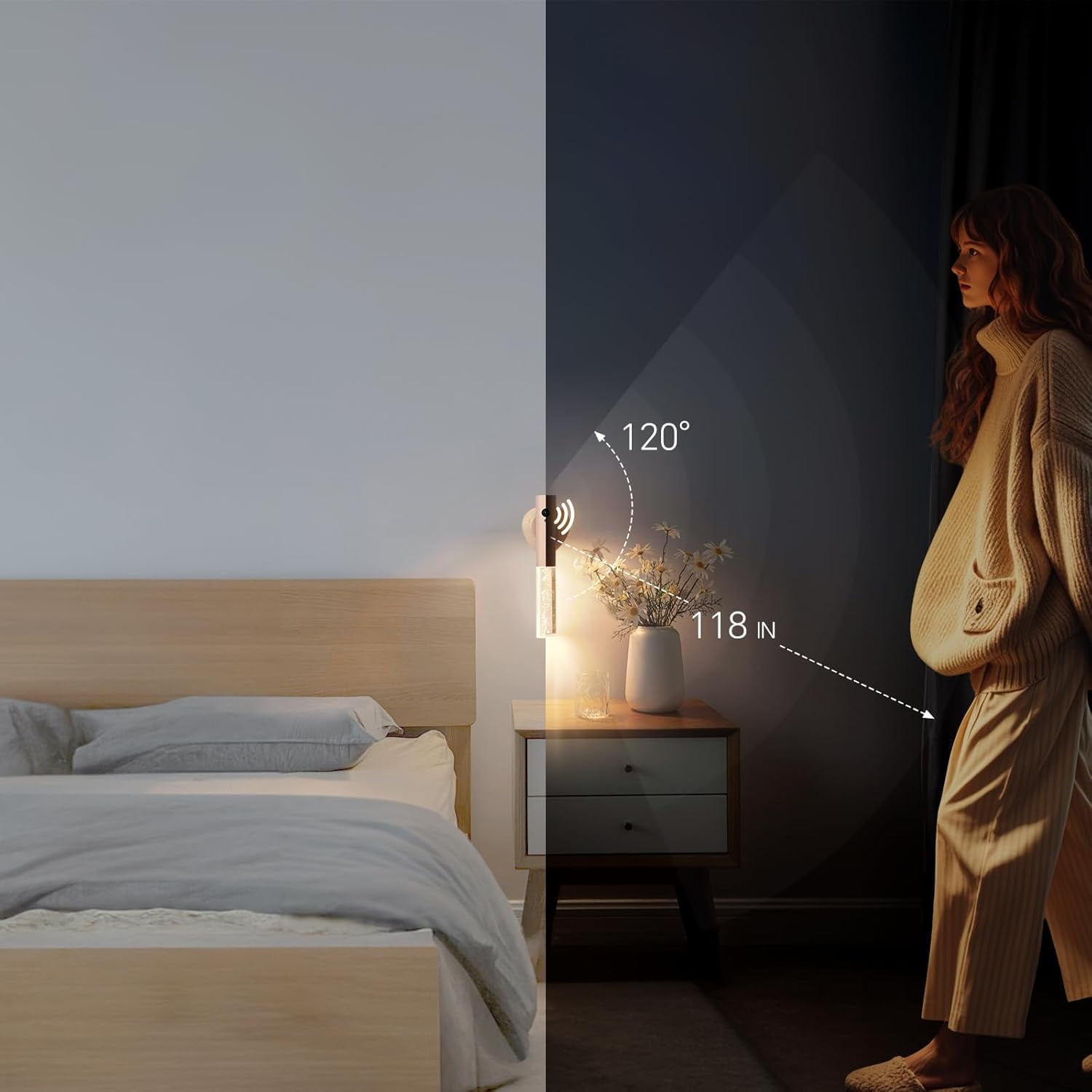 Motion Sensor Night Lights Indoor, Rechargeable Night Lights Wall Sconces Wooden Set of 2, Battery Powered Magnetic Wall Sconces Decor for Bedroom, Hallway, Bathroom, Stairway, Closet