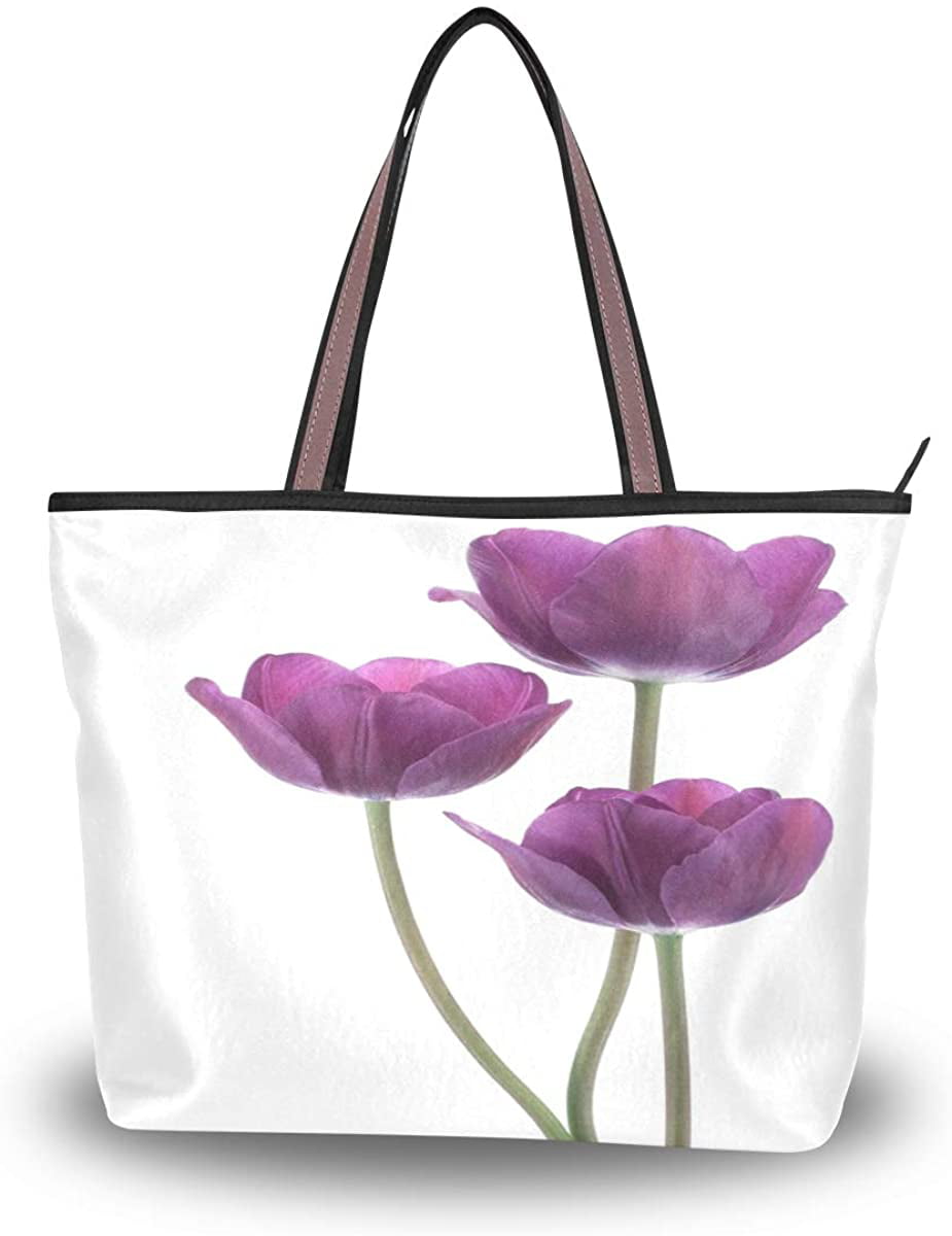 Shoulder Bag Purple Flowers Large Handbag Tote Beach Bags With Zip for Women