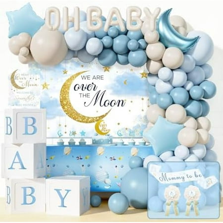 Over the Moon Baby Shower Decorations – 125 PCs Moon and Themed Party Supplies with Balloon Garland, Cake Topper, Backdrop, Tablecloth, Moon & Foil Balloon, Sash, Badge