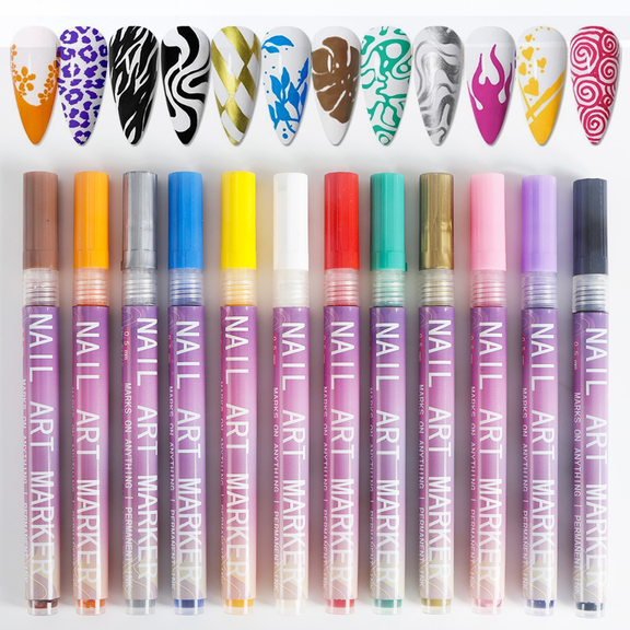 12 Colors Nail Art Pens Set, 2026 New Nail Marker, Fine Tip Nail Art Pen 0.5mm, Waterproof and Quick-drying Nail for DIY Nails Art Design, Portable Nail Art Tools for Home Salon