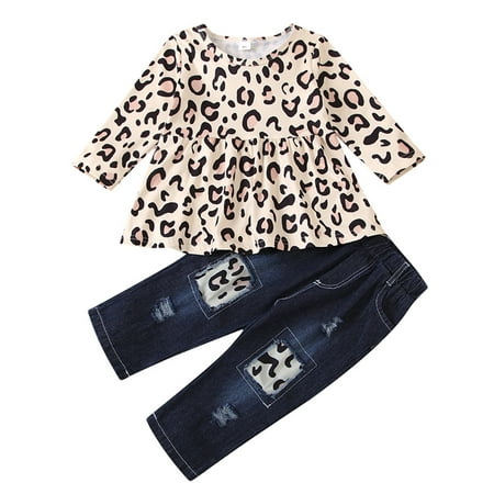 

Toddler Baby Kid Girls Leopard Print T-shirt Tops Pants Jeans Casual Outfits Set Casual Clothes For 4-5 Years