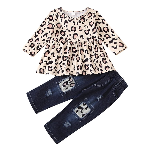 Ropa Para Bebés, Niños Y Niñas, Camiseta Con Estampado De Leopardo, Conjunto De Pantalones Vaqueros Odeerbi LM103-920