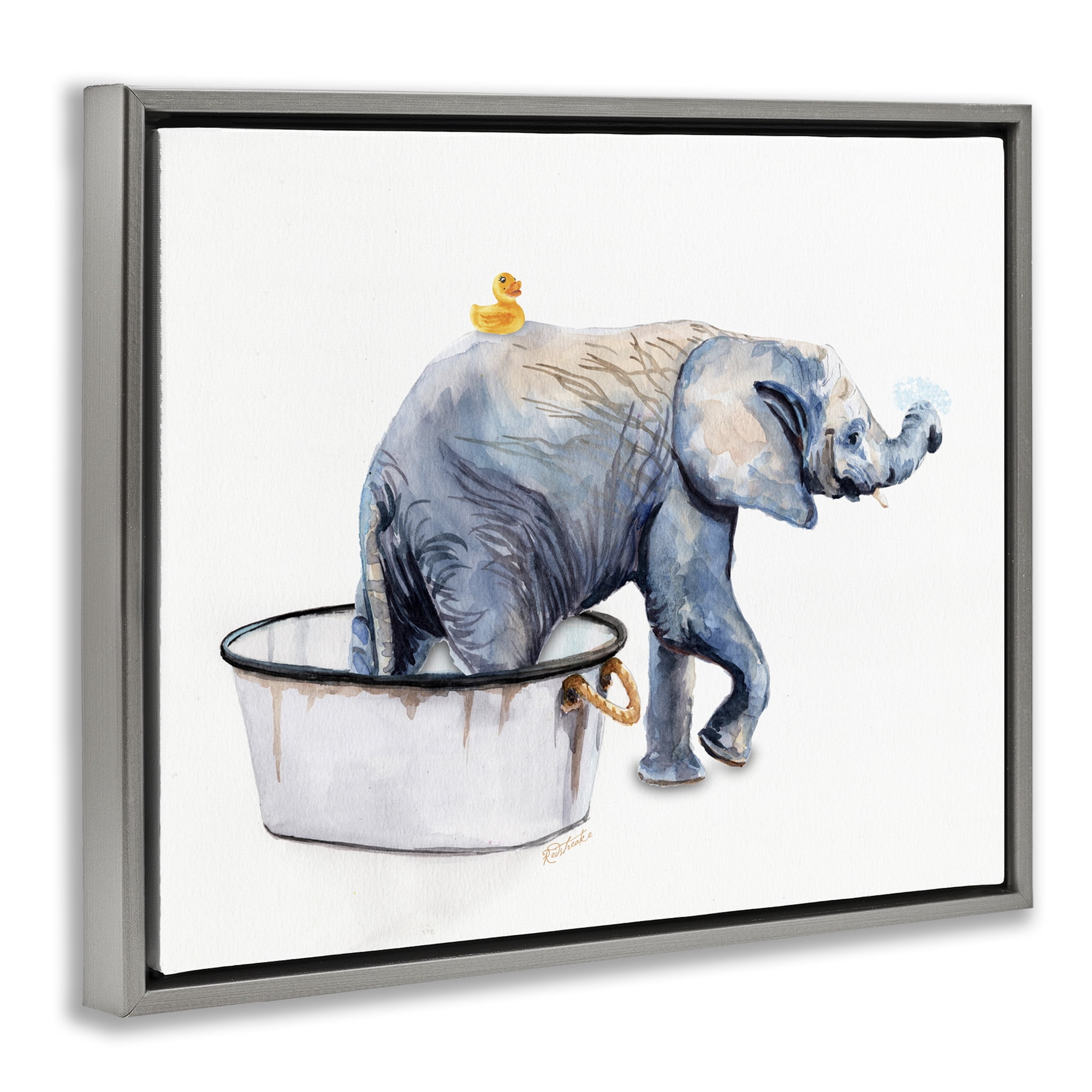 Stupell Industries Elephant & Rubber Duck Bath Animals & Insects Painting Gray Floater Framed Canvas Art Print Wall Art, 21 x 17