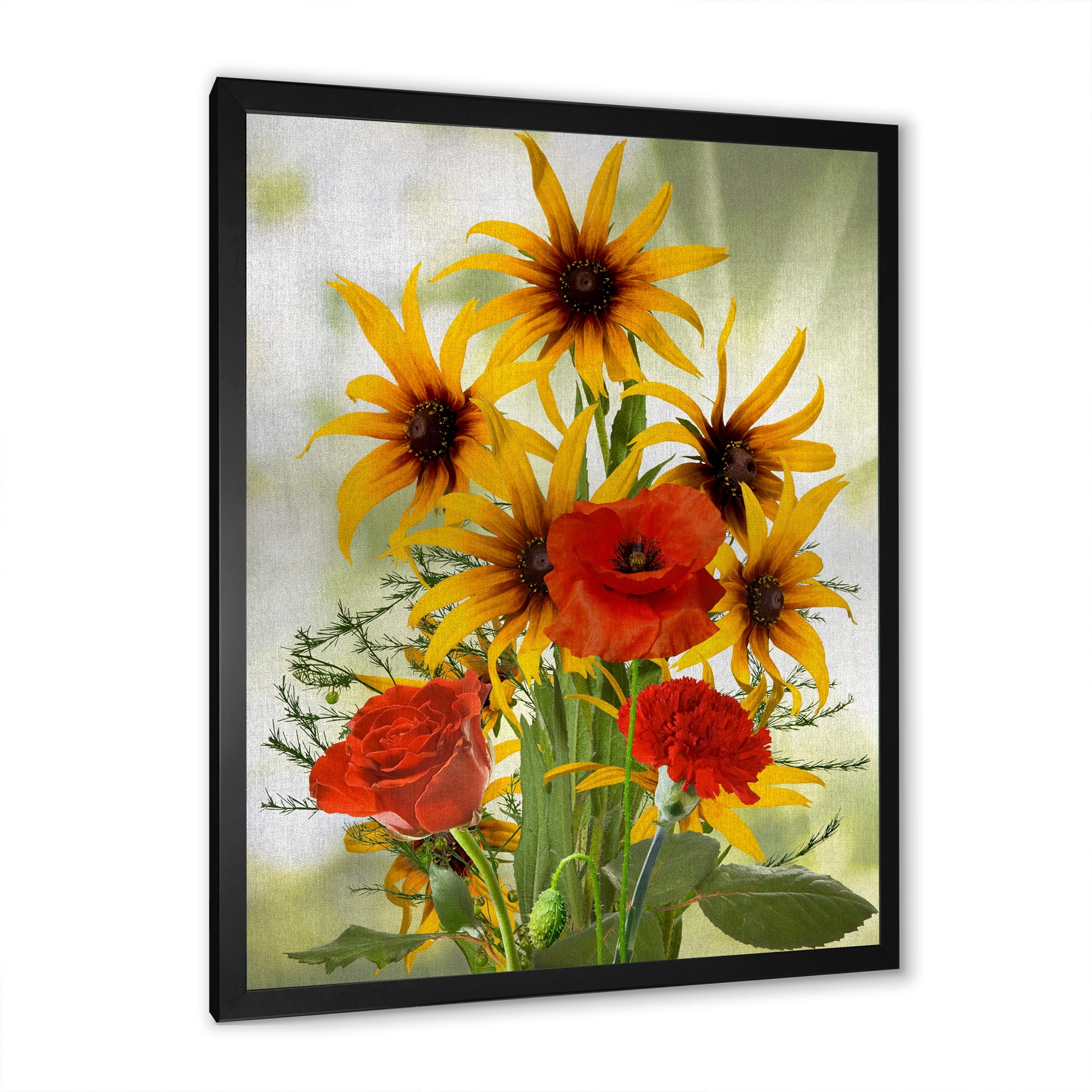 Designart 'Poppies and Sunflowers In The Wild' Traditional Framed Art Print