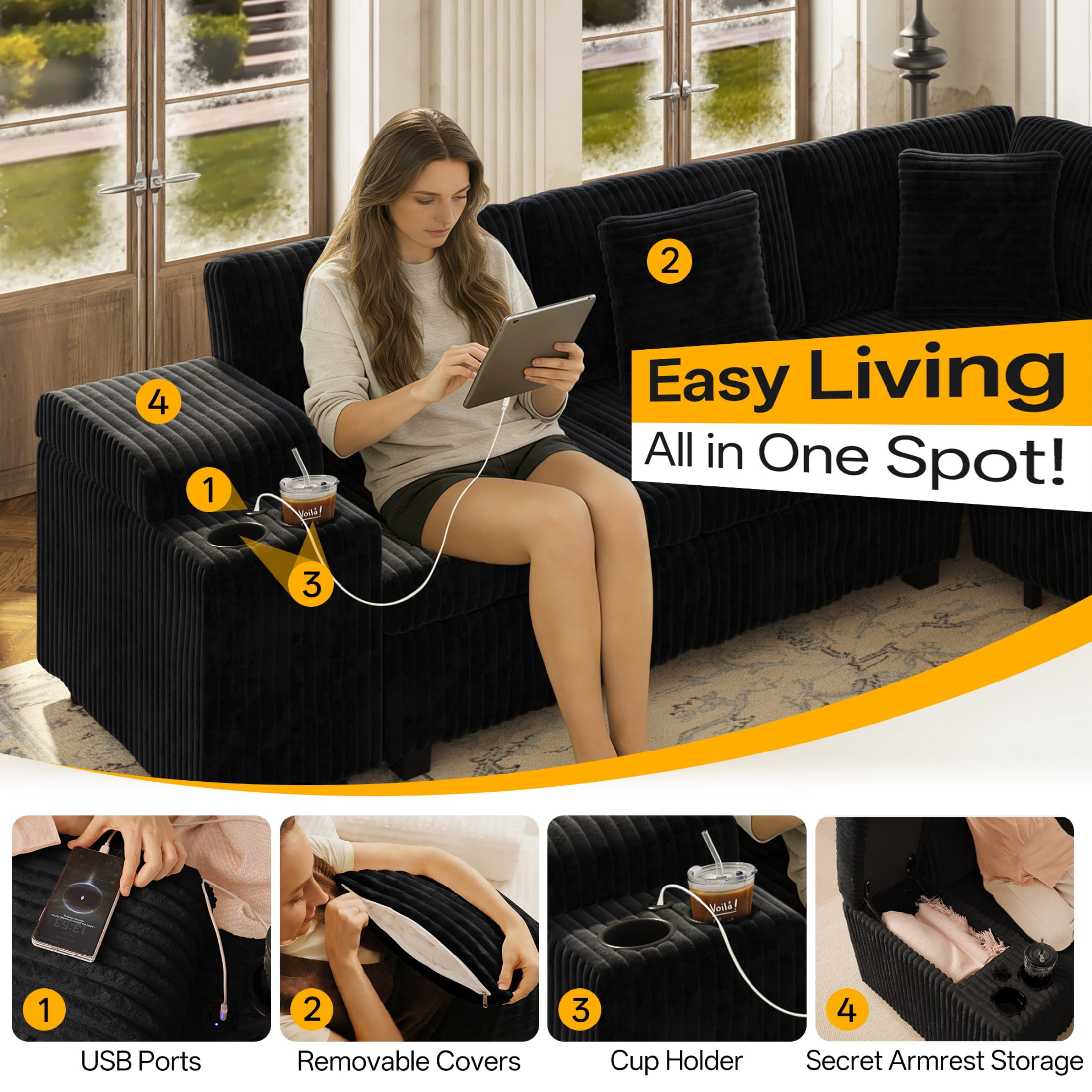 LLappuil 110" Sectional Sofa, Modular Sectional Couch Convertible Sofa Bed, 7 Seat Corduroy Sofa Couch with Movable Ottoman, Hidden Armrest Storage & USB Charging Ports Black