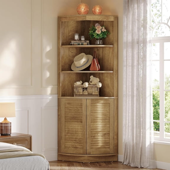 Finmind 66.9" Tall Corner Cabinet with Fluted Doors, 5-Tier Farmhouse Storage Organizer for Kitchen, Living Room, Small Spaces, Brown