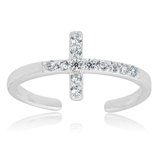 AVORA 925 Sterling Silver Adjustable Sideways Cross Toe Ring with Simulated Diamond CZ