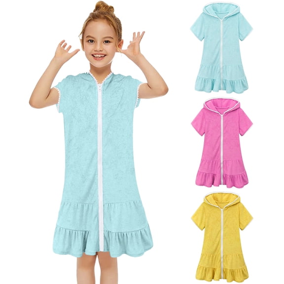 RTKFRFLM Girls Short Sleeve Hooded Beach Cover-Up Kids Absorbent Terry Cloth Swimming Bathrobe Toddler Poolside Wrap Poncho Towel Dress Breathable Vacation Essentials for Ages 3-12 Years