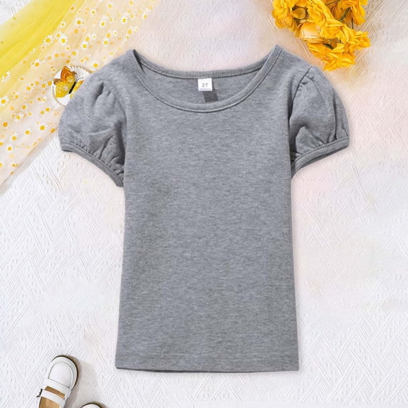 lnmuld 3PCS Cute Puff Sleeve Toddler & Kids T-Shirts - Soft Comfortable Girls Short Sleeve Casual Tops Color:Grey,Size:1-2 Years