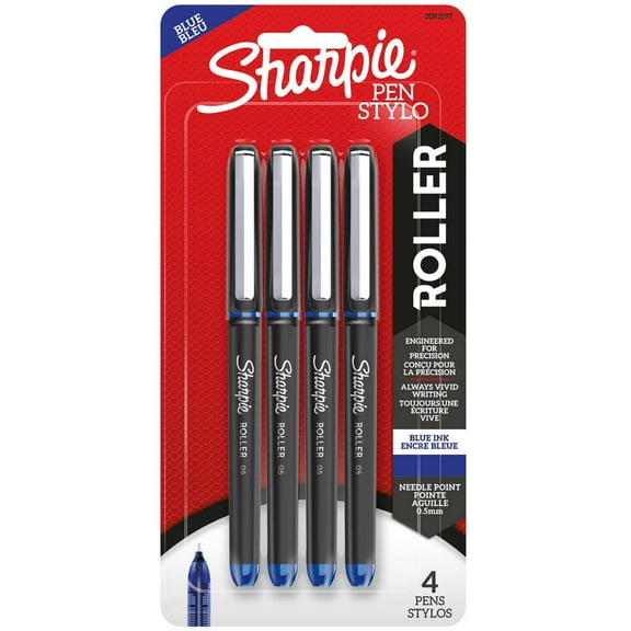 Sharpie Rollerball Pen, Needle Point (0.5mm) Precision Pen, Blue Ink, 4 Count