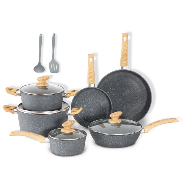 Juego de utensilios de cocina DishDelight, antiadherentes, 12 piezas, de inducción, color gris