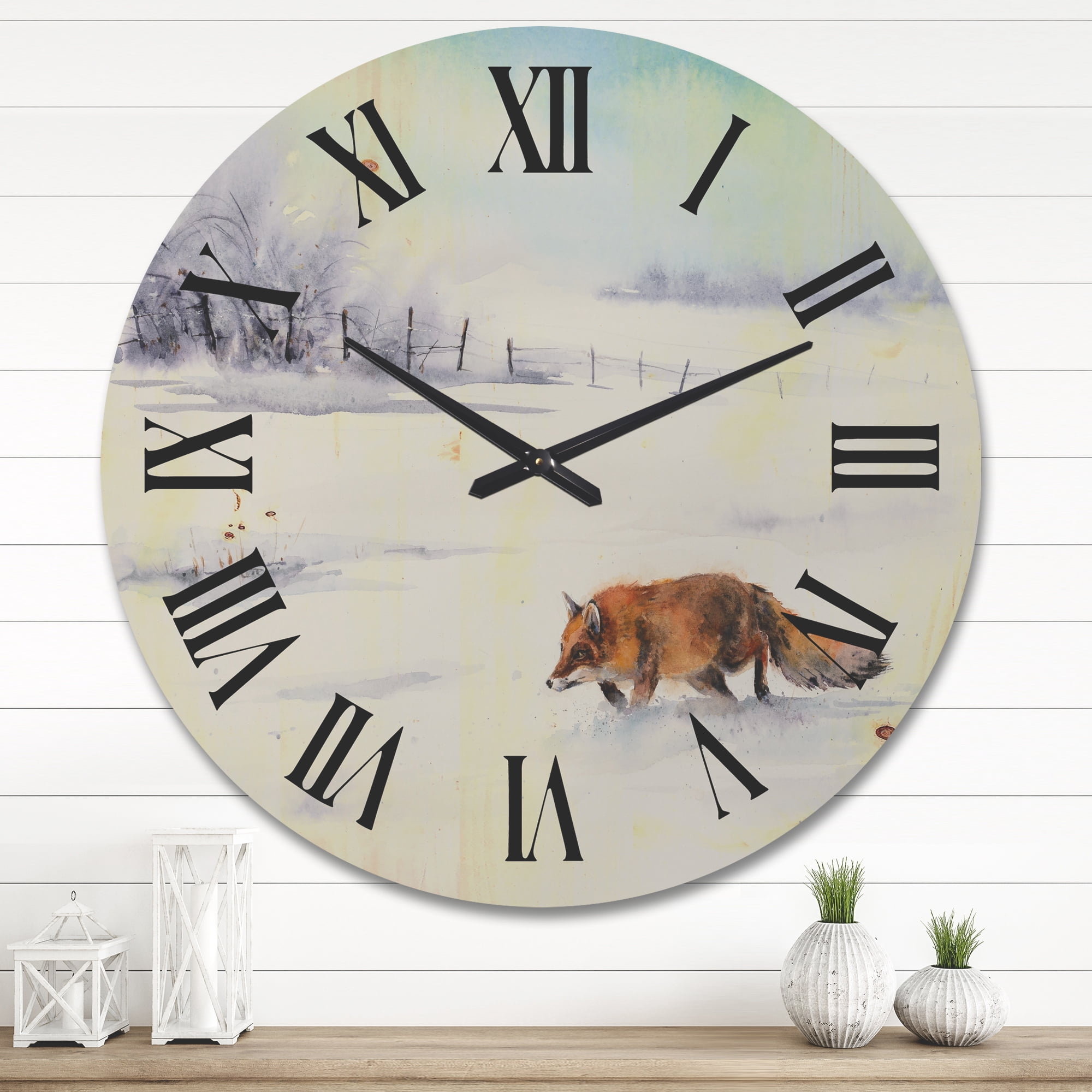 Designart 'Red Fox Running In White Snow in Countryside I' Farmhouse Wood Wall Clock