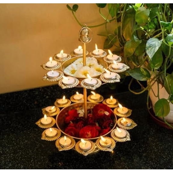 Beautiful Two Layer Diya Urli Decorative Bowl, For Home Décor - Golden | Traditional Bowl For Floating Flowers & Tea Light Candles | Decoration Item, For Festivals, Wedding, Christmas