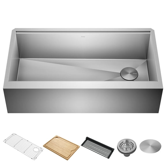KRAUS Kore 36" Modern Farmhouse Workstation 16 Gauge Single Bowl Stainless Steel Kitchen Sink with Accessories