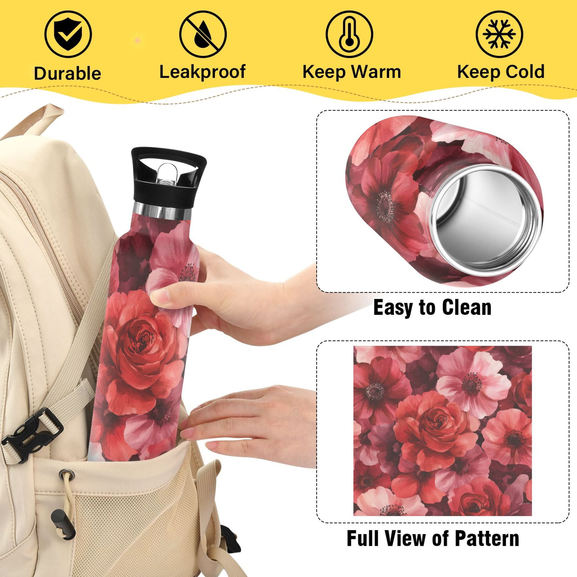 600ML Stainless Steel Insulated Cup Sports Water Bottle Portable Thermos Cup Water Glasses Insulated Tumblers Convenient and Durable Vibrant Red Flowers