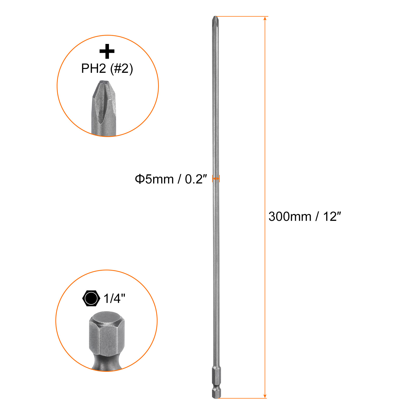 10pcs #2 Phillips Screwdriver Bit PH2 1/4" Hex Shank 12" (300mm) Long Magnetic S2 Steel Industrial Grade Screw Driver Bit Cross Head Electric Drill Bits 0.2" (5mm) Rod