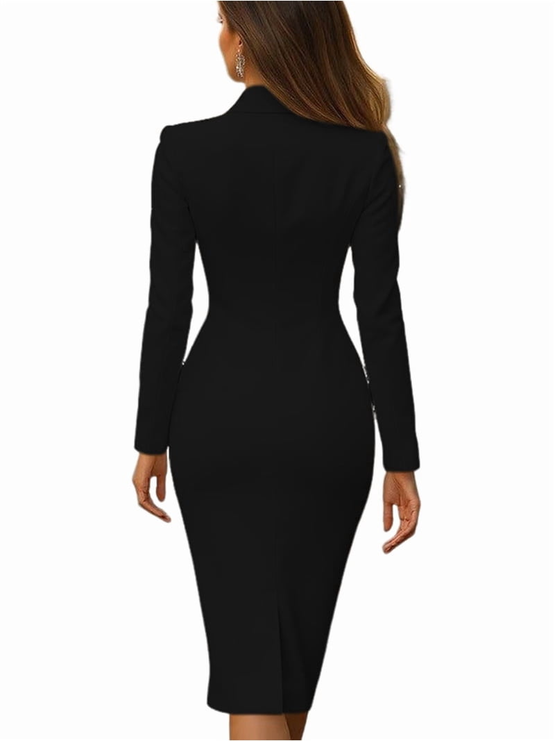 Women'S Double Breasted Blazer Dress Long Sleeve Office Wear Formal Work Commuter Coat Black S