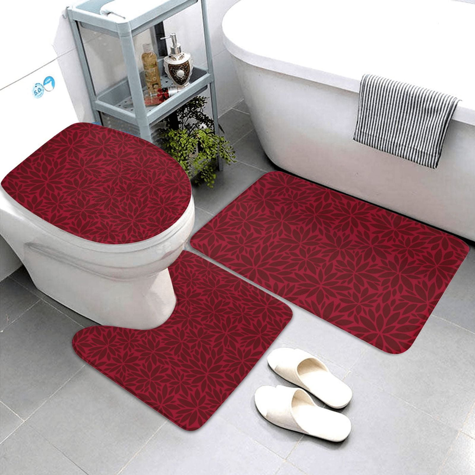 Bathroom Rugs Sets 3 Piece - Burgundy Floral Absorbent Non Slip Bath Mats, U-Shape Toilet Lid Cover, Contour Mat, Soft Washable Shower Mats Bath Rug Mat for Bathroom Tub Toilet