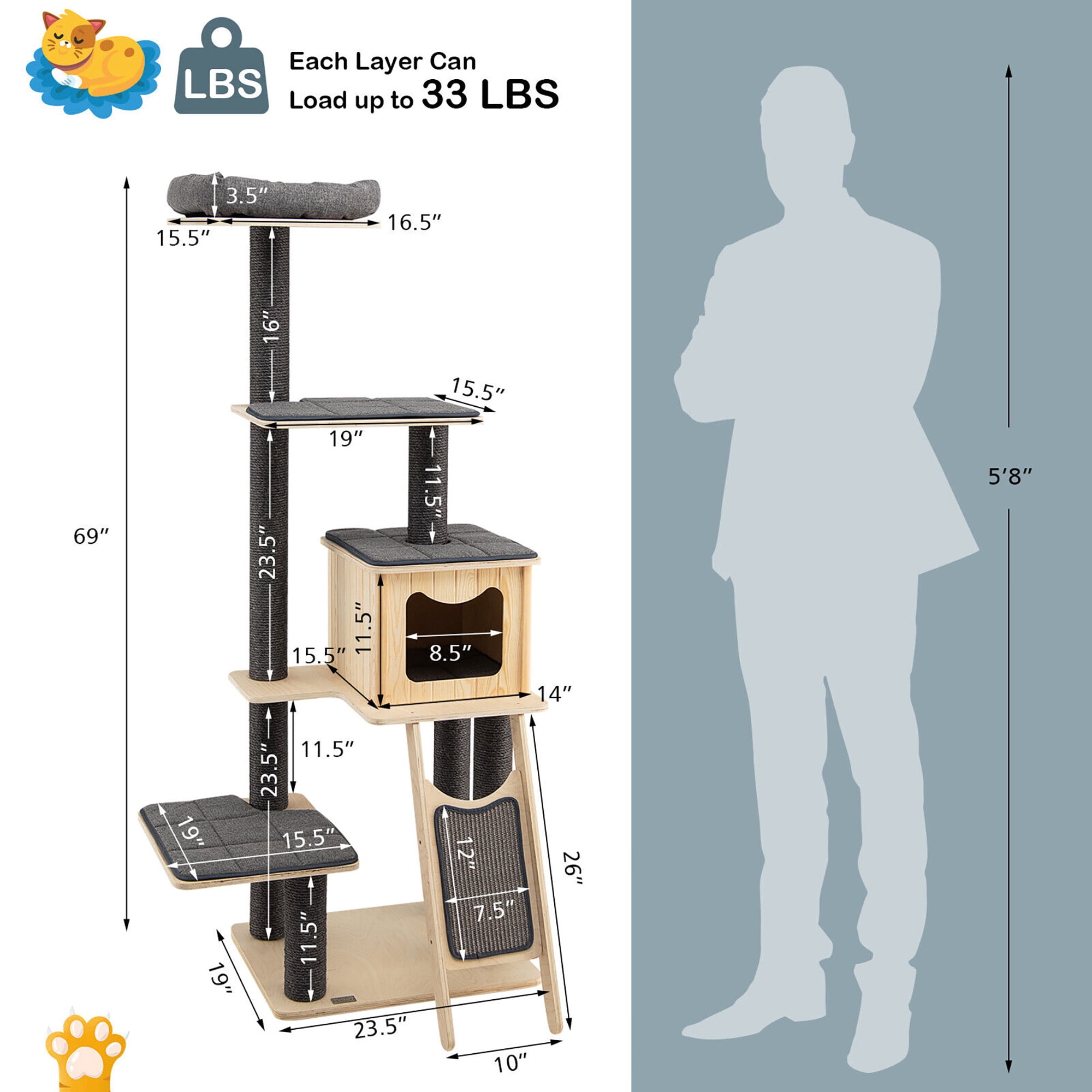 Gymax 69 in Modern Wood Cat Tree 5-Tier Tall Cat Tower w/ Washable Cushions