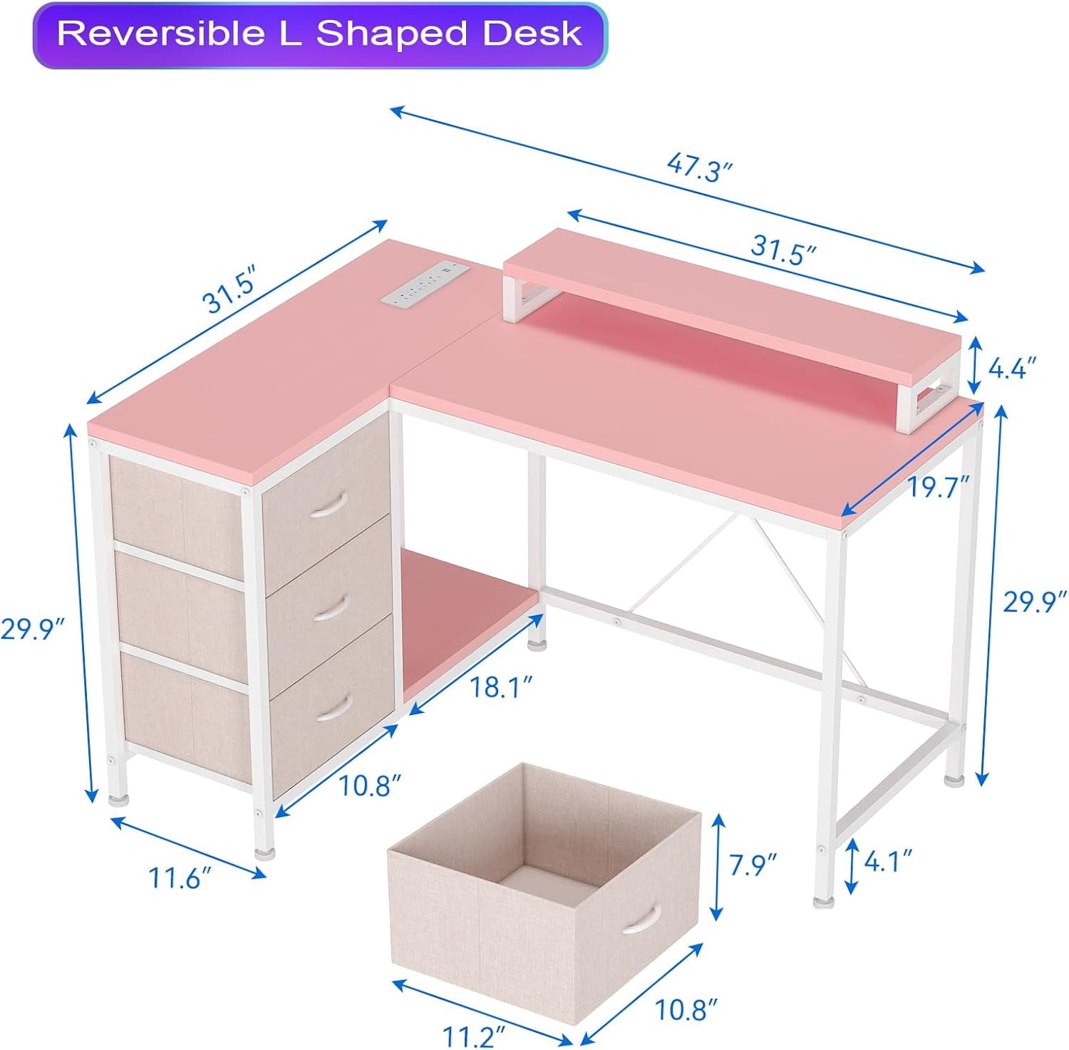 43" L-Shaped Computer Desk with 4 Power Outlets and 7-Color Led Lights, 3-Drawer Gaming Desk