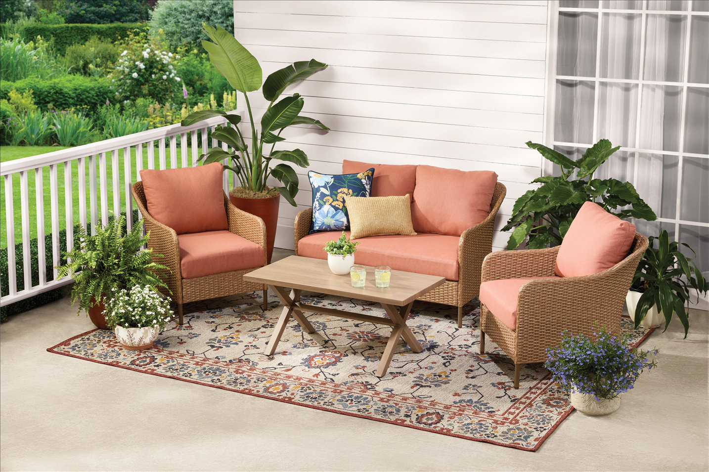 Mainstays Chelsea Outdoor Patio Steel 4-Pieces Deeping Seating Set with Terra Cotta Cushions