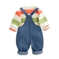 thumbnail image 4 of Infant Overalls Set Long Sleeve Striped Top with Bear Face Denim Suspender Pants Soft Cotton Blend Children Outfit for Boys Girls, 4 of 5