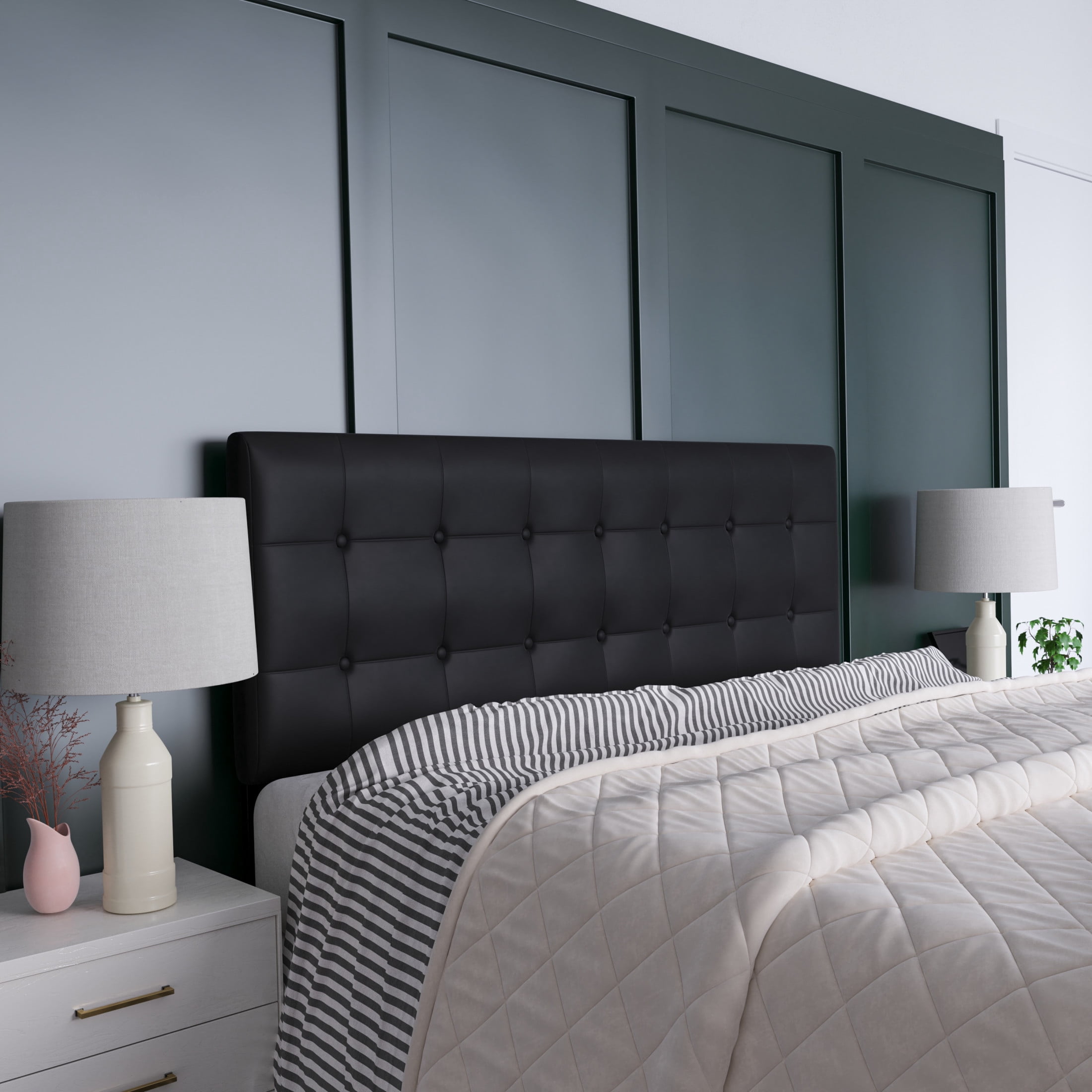 Emma + Oliver Button Tufted Upholstered Queen Size Headboard in Black Vinyl