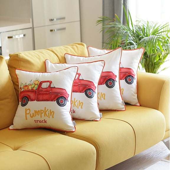 Fall Season Decorative Throw Pillow Set of 4 Red Pumpkin Truck 18 in. x 18 in. White & Red Square Thanksgiving for Couch, Bedding