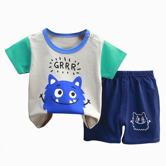 UAYOTSE Boys Cartoon Printed Short Sleeve Shorts Suit, Comfortable Breathable Fashion Summer Children Outfit Size 5-6 Years