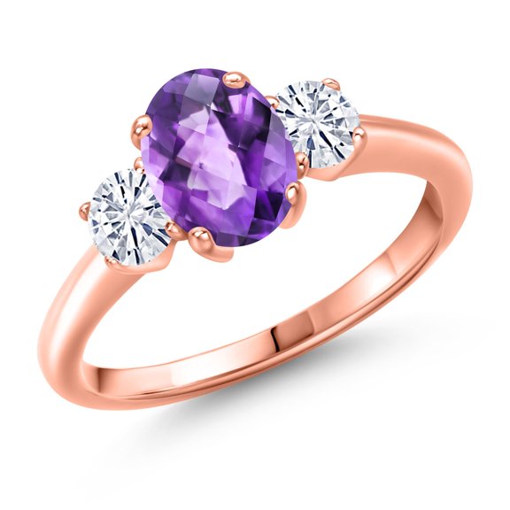 Gem Stone King 18K Rose Gold Plated Silver Ring Checkerboard Amethyst Moissanite (1.66 Cttw)