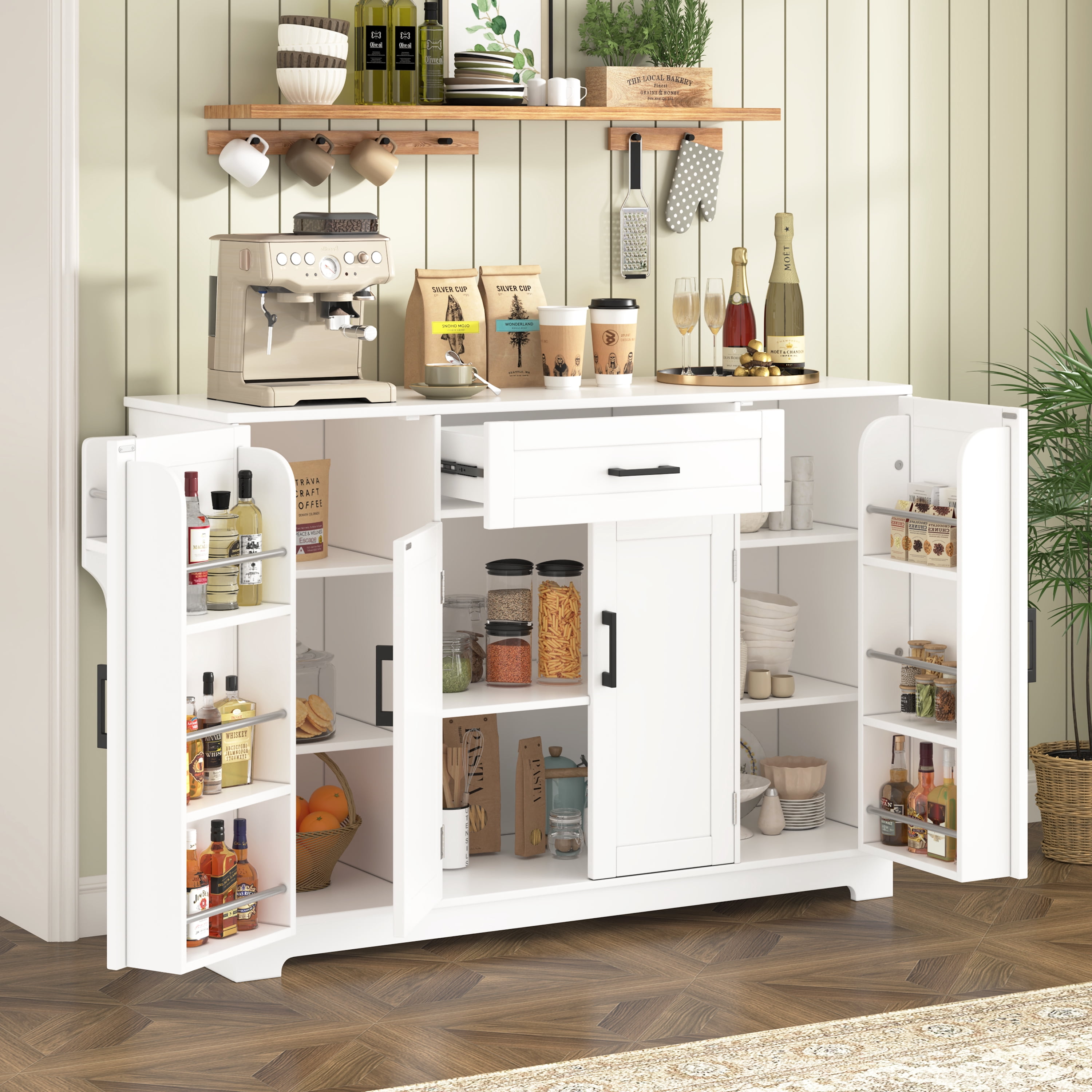 Mintazer 54" Modern Farmhouse Sideboard Buffet Cabinet with 4 Doors & Drawer and Adjustable Shelves, Freestanding Kitchen Storage Cabinet with Side Racks & Hanging Rod, White