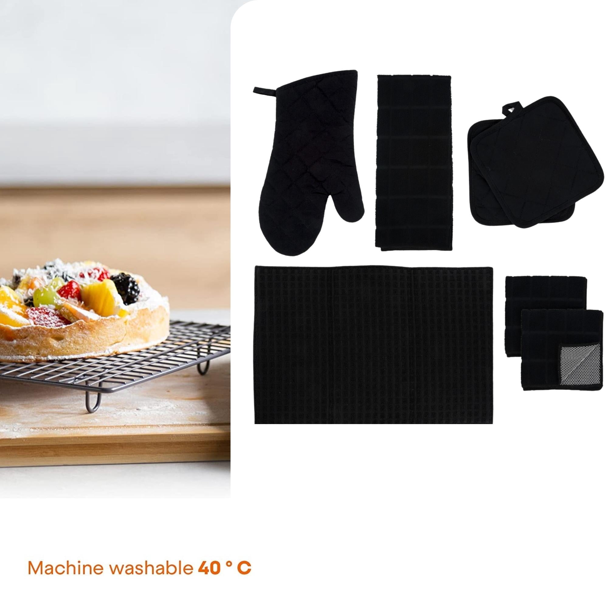 Kitchen Linen Towel Set 7pcs Home Collection with Quilted Pot Holders Oven Mitts Dish Towel Drying Mat & Microfiber Scrubber for Safe Baking Cooking Grilling Kitchen Accessories and Supplies (Black)