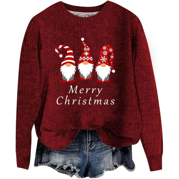 Christmas Sweaters Women Funny Cute Xmas Print Long Sleeve Knit Tunics Casual Fashion Holiday Crew Neck Blouses