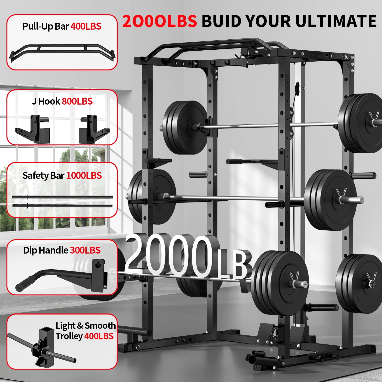 BOGYKIK 2000 lbs Heavy Duty Power Rack with Cable Crossover System, H30 Pro Power Cage with Independent Dual Pulleys, LAT Pulldown & 20+ Attachments for Home Gym