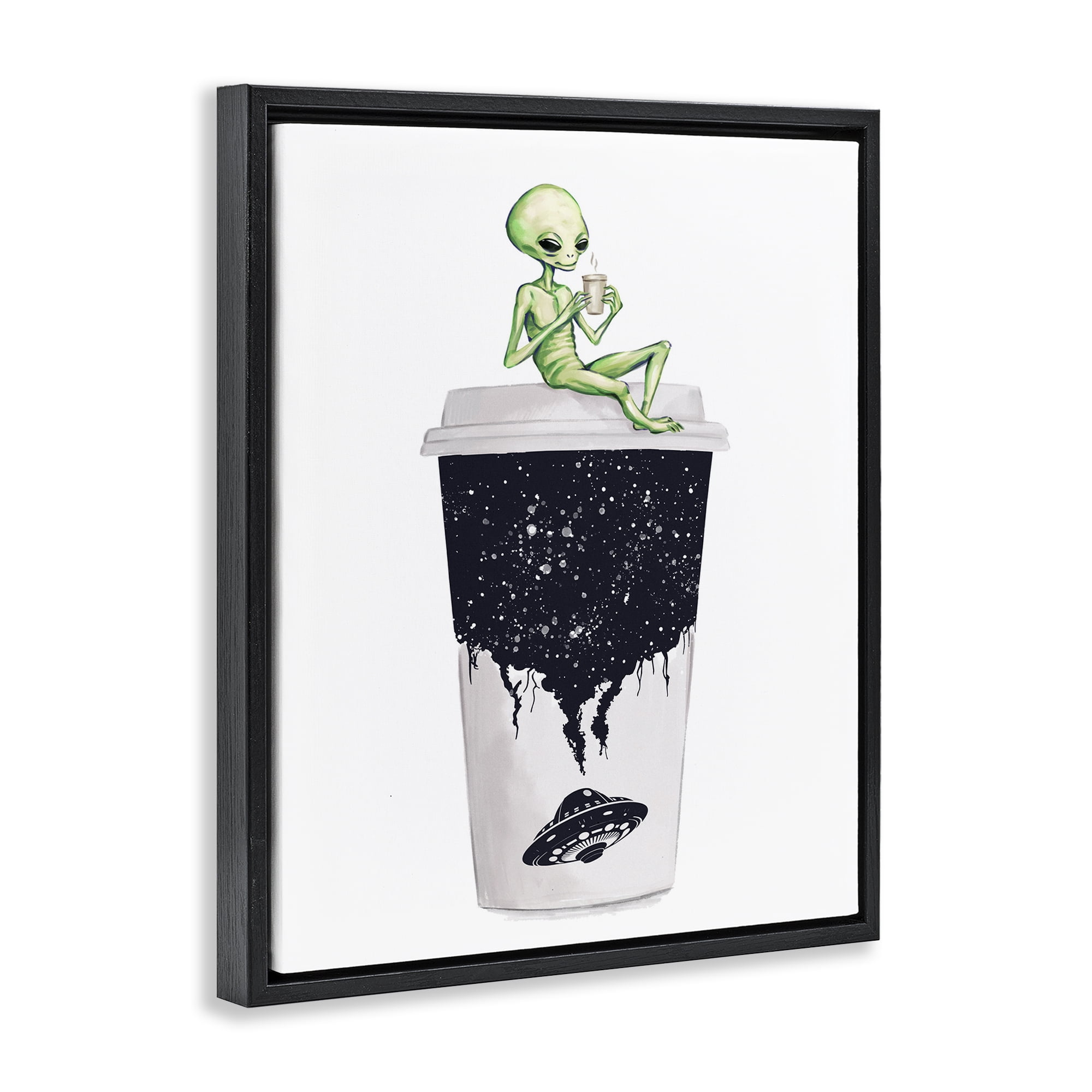 Stupell Industries Alien & Coffee Cup Novelty Painting Black Floater Framed Art Print Wall Art, 17 x 21