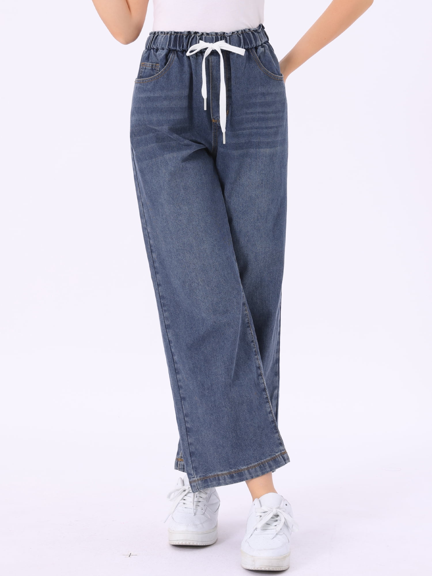 DARING DIVA Women's Trendy Elastic Waist Wide Legs Drawstring Jeans XL Grey Blue