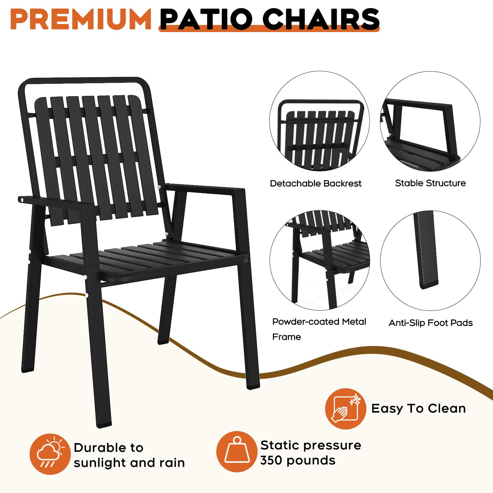 TQKVIPI Outdoor Patio Dining Chairs Set of 2, Outdoor Patio Chairs, Heavy Duty Metal Dining Chairs with Armrest for Balcony, Deck, Backyard, Lawn, Porch, Kitchen (Black)