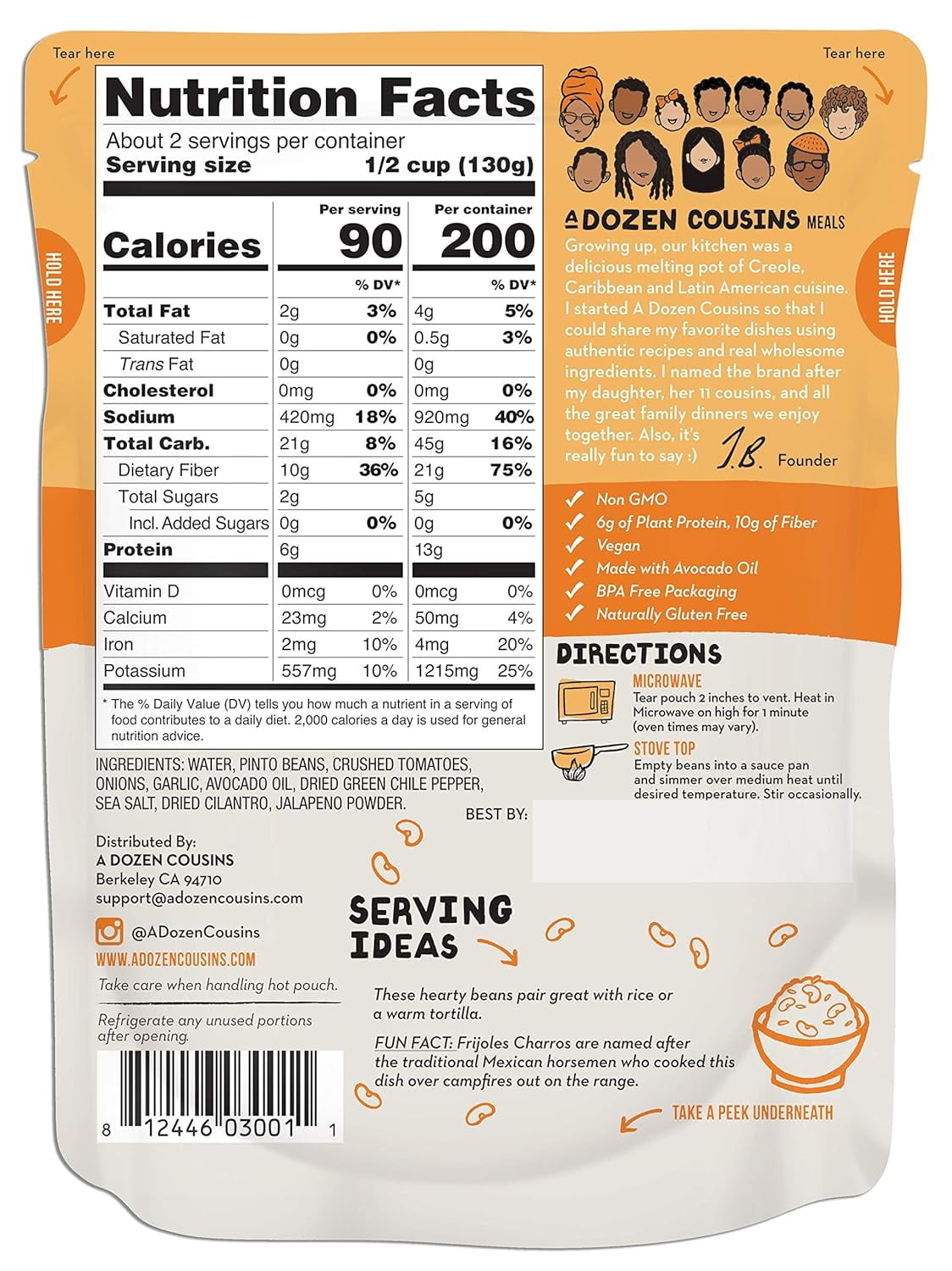 (3 pack) A Dozen Cousins Mexican Pinto Beans, Vegan Gluten-Free Microwaveable Seasoned Beans with Avocado Oil, 10 oz Pouch
