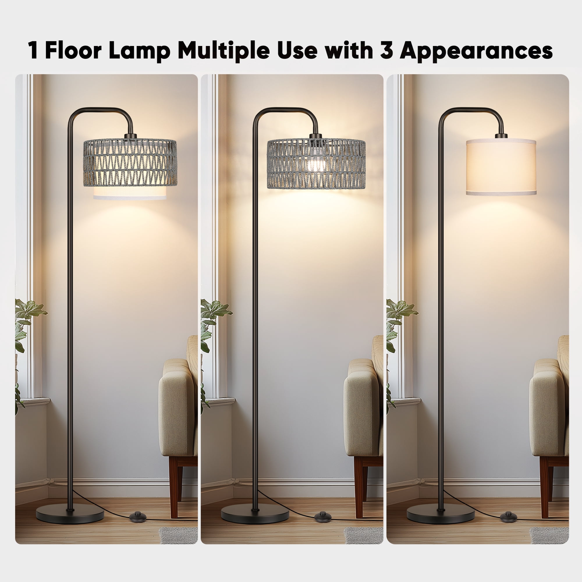 SparkGlowy 68‘’Floor Lamp for Living Room, Tall Standing Lamp with Remote 3 Color Temperatures Dimmable Bulb, Gray Rattan and Fabric Dual Shades