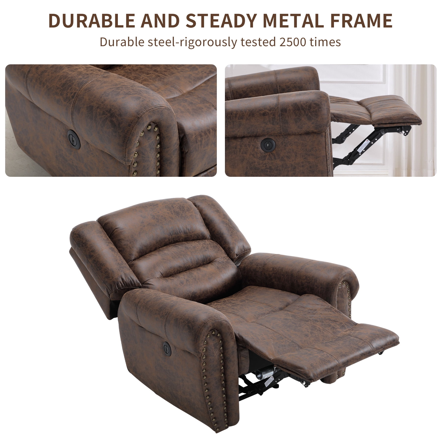 Bonzy Home Electric Power Recliner Chair, Modern Reclining Chair with Rivet Trim & USB Port, Classic Single Sofa Home Theater Recliner Seating, Brown