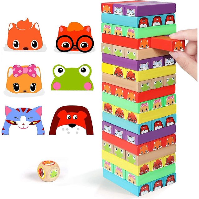 Juego de apilamiento de colores, bloques de construcción de madera, juegos de mesa de torre para niños y adultos, 54 piezas (juego de apilamiento de colores)